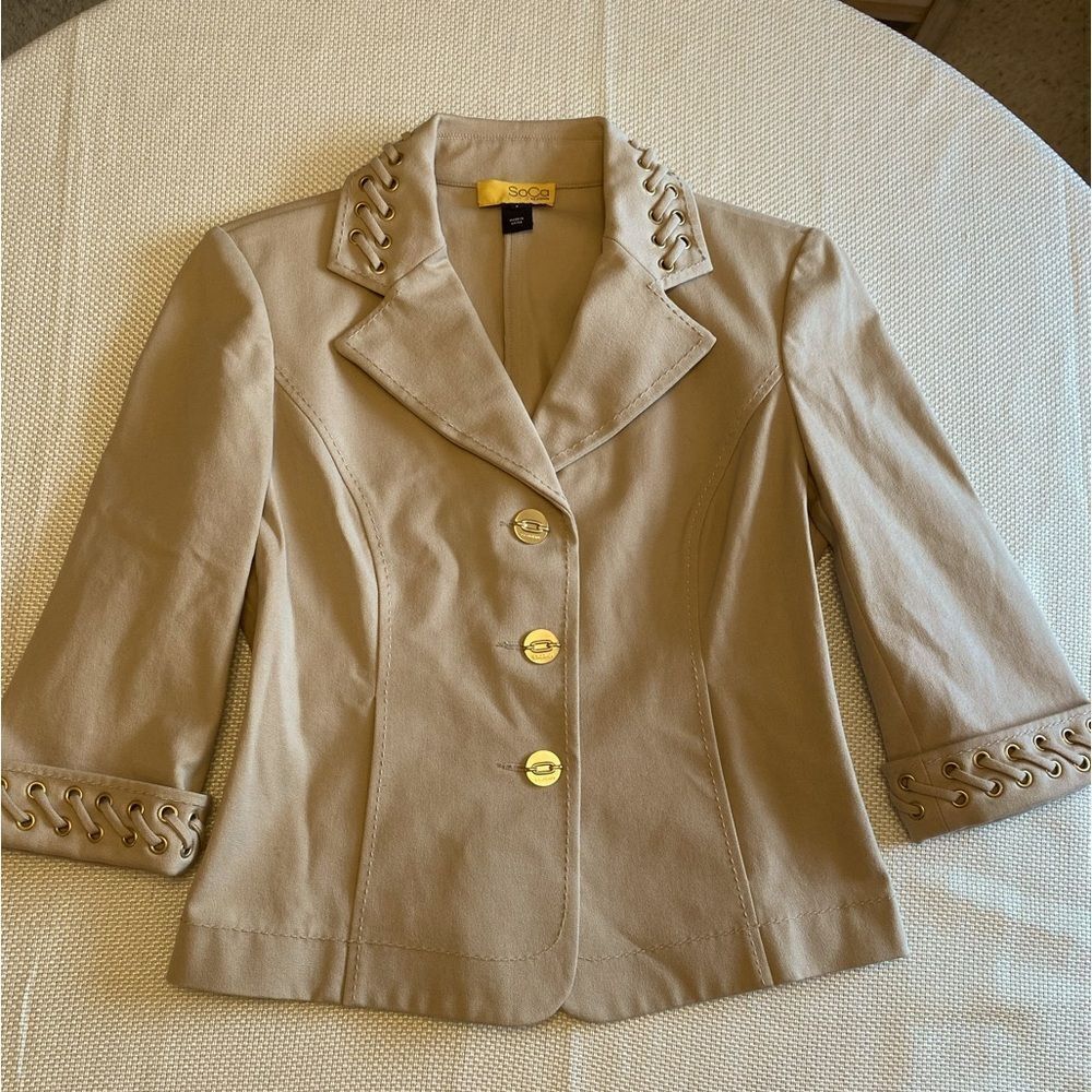 St John Cotton Stretch Tan Beige Blazer Church Suit Size 2 Laced Eyelet